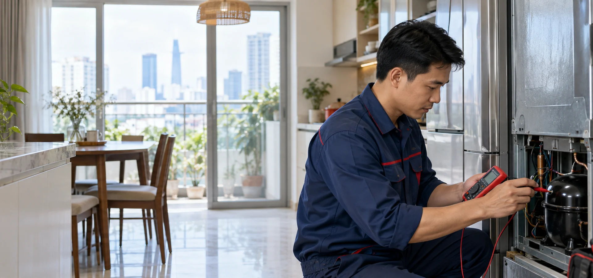 Ảnh minh họa kỹ thuật viên kiểm tra tủ lạnh tại nhà
