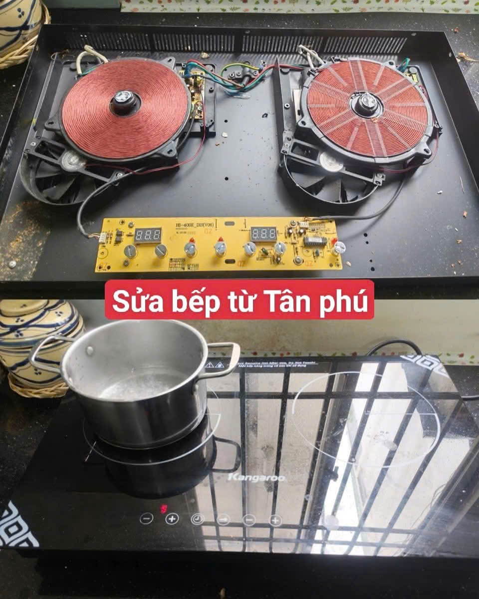 Ảnh tạm kiểm tra quạt và linh kiện bên trong thiết bị bếp